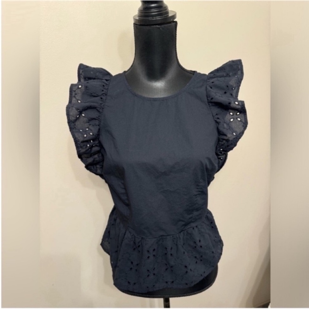Who What Wear Women’s Black Eyelet Ruffle Sleeve Peplum Top S